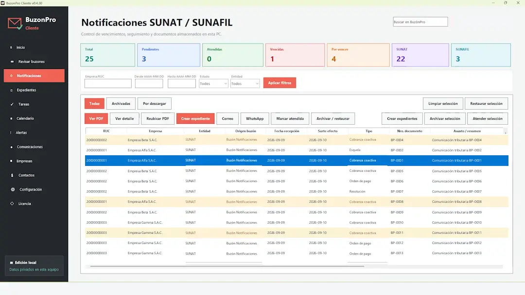 Bandeja de BuzonPro con notificaciones, documentos y estados de pendientes y vencimientos.